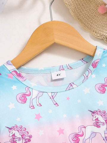 Young Girl Unicorn Cute Short Sleeve Dress For Young Girl, Spring & Summer