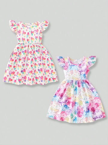 Young Girl Unicorn Heart Printed Cap Sleeve Dress 2pcs Set
