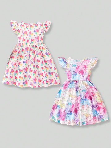 Young Girl Unicorn Heart Printed Cap Sleeve Dress 2pcs Set
