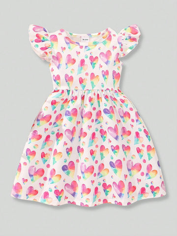 Young Girl Unicorn Heart Printed Cap Sleeve Dress 2pcs Set