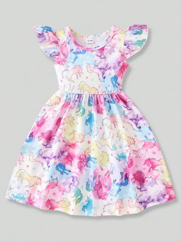 Young Girl Unicorn Heart Printed Cap Sleeve Dress 2pcs Set
