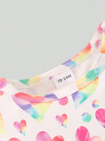 Young Girl Unicorn Heart Printed Cap Sleeve Dress 2pcs Set