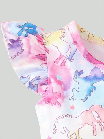 Young Girl Unicorn Heart Printed Cap Sleeve Dress 2pcs Set