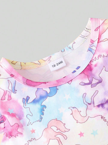 Young Girl Unicorn Heart Printed Cap Sleeve Dress 2pcs Set