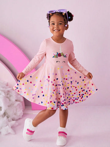 Young Girl Unicorn Pattern Colorful Heart Design Knitted Long Sleeve Cute Dress