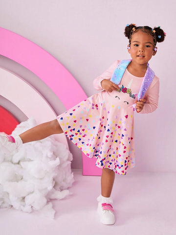 Young Girl Unicorn Pattern Colorful Heart Design Knitted Long Sleeve Cute Dress