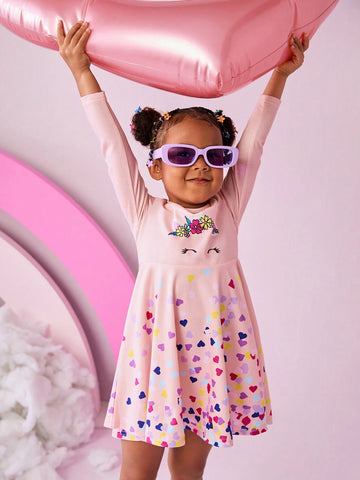 Young Girl Unicorn Pattern Colorful Heart Design Knitted Long Sleeve Cute Dress