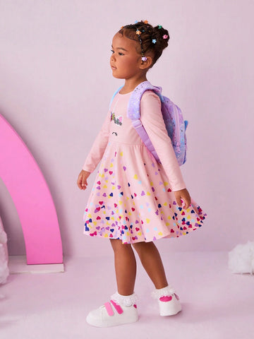 Young Girl Unicorn Pattern Colorful Heart Design Knitted Long Sleeve Cute Dress