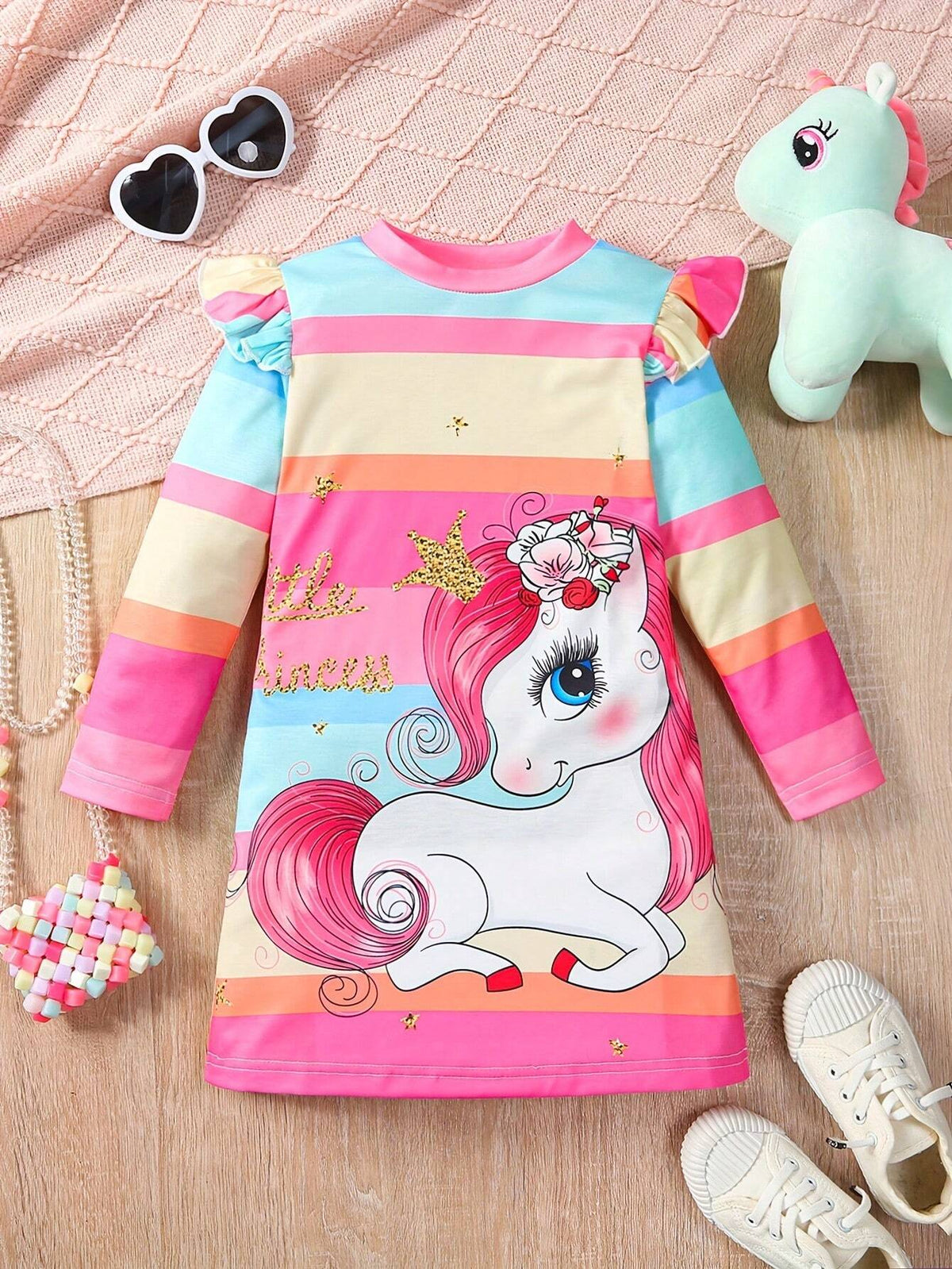 Young Girl Unicorn Print Rainbow Stripped A-Line Dress Cute Flutter Trim Dress For Fall Party