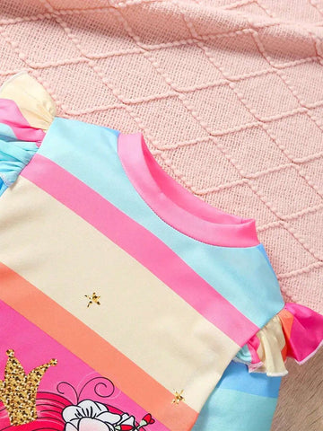 Young Girl Unicorn Print Rainbow Stripped A-Line Dress Cute Flutter Trim Dress For Fall Party