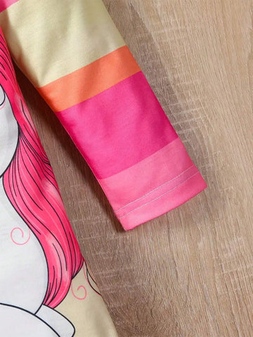 Young Girl Unicorn Print Rainbow Stripped A-Line Dress Cute Flutter Trim Dress For Fall Party