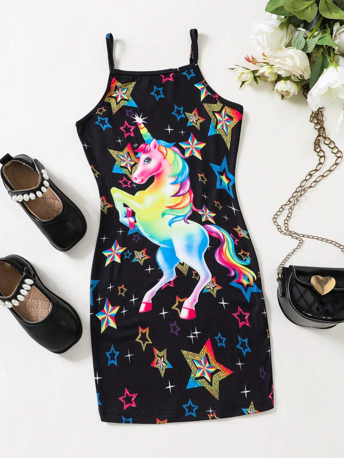 Young Girl Unicorn Print Spaghetti Strap Dress
