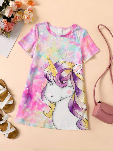Young Girl Unicorn Printed Sweet And Airy Style Short-Sleeved Dress For Summer Coolness