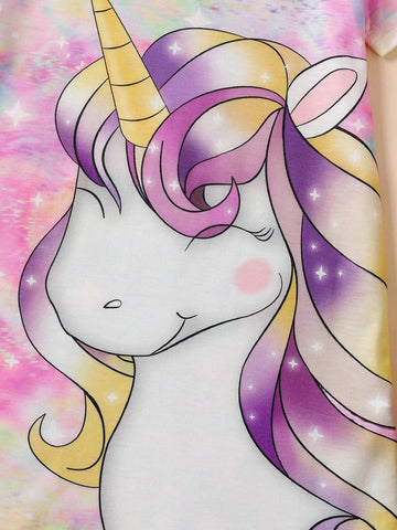 Young Girl Unicorn Printed Sweet And Airy Style Short-Sleeved Dress For Summer Coolness