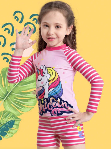 Young Girl Unicorn & Striped Print Bikini Swimsuit
