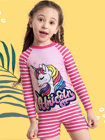 Young Girl Unicorn & Striped Print Bikini Swimsuit