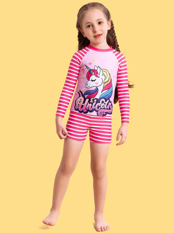 Young Girl Unicorn & Striped Print Bikini Swimsuit