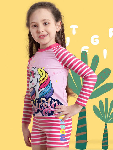 Young Girl Unicorn & Striped Print Bikini Swimsuit