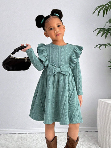 Young Girl Urban Chic Solid Color Ruffle Edge Long Sleeve Dress