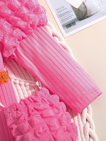 Young Girl Urban Elegant Ribbed Patchwork Textured Fabric Puff Sleeve And Decorated Belt Long Sleeve Jumpsuit.