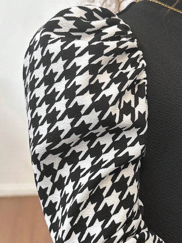 Young Girl Urban Knit Patchwork Round Neck Long Sleeve Dress