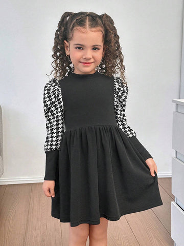 Young Girl Urban Knit Patchwork Round Neck Long Sleeve Dress