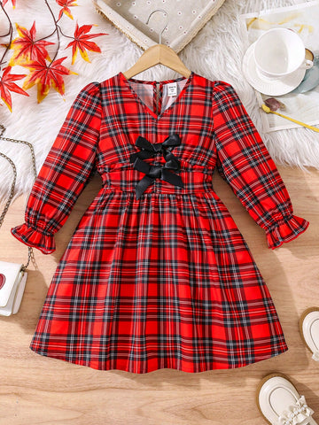 Young Girl V-Neck Bow Decor A-Line Ruffle Cuff Casual Plaid Holiday Dress, Autumn/Winter