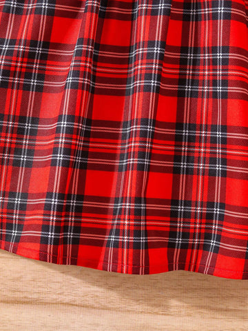 Young Girl V-Neck Bow Decor A-Line Ruffle Cuff Casual Plaid Holiday Dress, Autumn/Winter