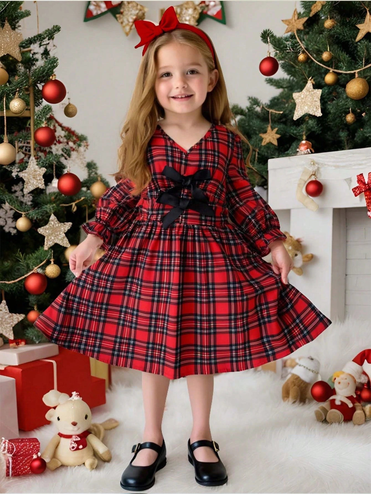 Young Girl V-Neck Bow Decor A-Line Ruffle Cuff Casual Plaid Holiday Dress, Autumn/Winter