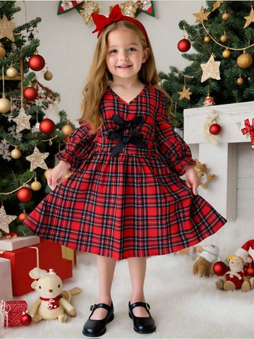 Young Girl V-Neck Bow Decor A-Line Ruffle Cuff Casual Plaid Holiday Dress, Autumn/Winter