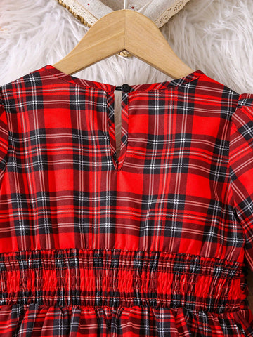Young Girl V-Neck Bow Decor A-Line Ruffle Cuff Casual Plaid Holiday Dress, Autumn/Winter