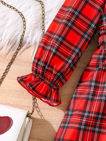 Young Girl V-Neck Bow Decor A-Line Ruffle Cuff Casual Plaid Holiday Dress, Autumn/Winter