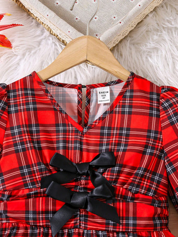 Young Girl V-Neck Bow Decor A-Line Ruffle Cuff Casual Plaid Holiday Dress, Autumn/Winter