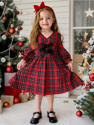 Young Girl V-Neck Bow Decor A-Line Ruffle Cuff Casual Plaid Holiday Dress, Autumn/Winter