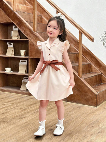 Young Girl V-Neck Cap Sleeve Buttoned Belted Dress With Wrap Design