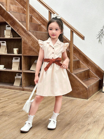 Young Girl V-Neck Cap Sleeve Buttoned Belted Dress With Wrap Design