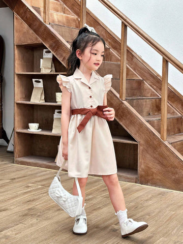 Young Girl V-Neck Cap Sleeve Buttoned Belted Dress With Wrap Design
