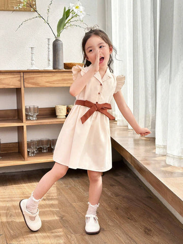 Young Girl V-Neck Cap Sleeve Buttoned Belted Dress With Wrap Design