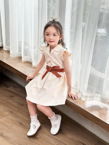 Young Girl V-Neck Cap Sleeve Buttoned Belted Dress With Wrap Design