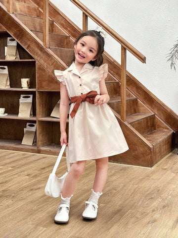 Young Girl V-Neck Cap Sleeve Buttoned Belted Dress With Wrap Design