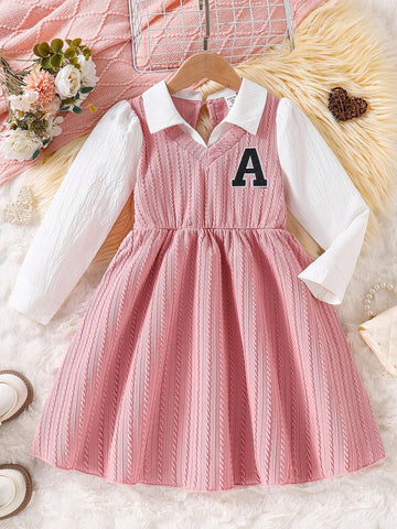 Young Girl' V-Neck Knitted Jacquard Embroidered Letter Casual Dress, Spring Autumn