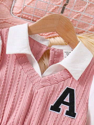 Young Girl' V-Neck Knitted Jacquard Embroidered Letter Casual Dress, Spring Autumn