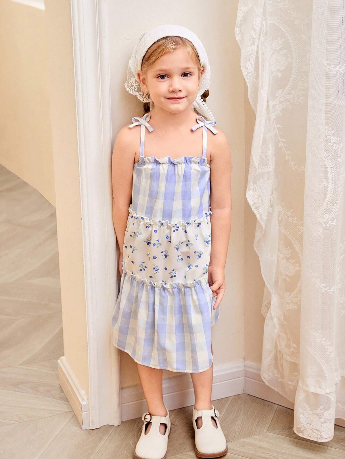 Young Girl Vacation-Ready Plaid & Ditsy Floral Loose Cami Dress, Suitable For Holidays And Beach, Summer