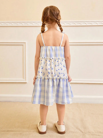 Young Girl Vacation-Ready Plaid & Ditsy Floral Loose Cami Dress, Suitable For Holidays And Beach, Summer