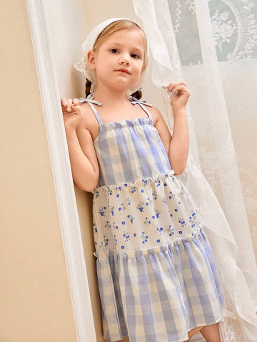 Young Girl Vacation-Ready Plaid & Ditsy Floral Loose Cami Dress, Suitable For Holidays And Beach, Summer