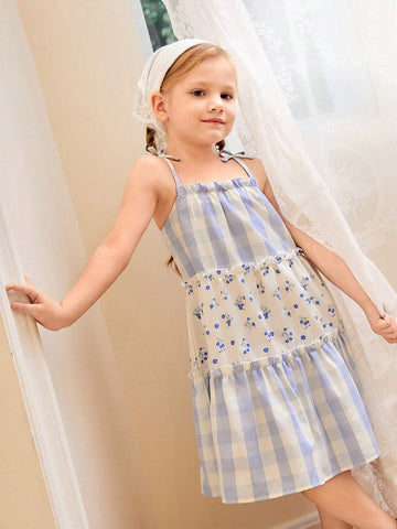 Young Girl Vacation-Ready Plaid & Ditsy Floral Loose Cami Dress, Suitable For Holidays And Beach, Summer