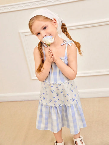 Young Girl Vacation-Ready Plaid & Ditsy Floral Loose Cami Dress, Suitable For Holidays And Beach, Summer