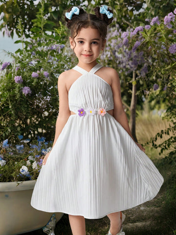 Young Girl Vacation Beach Criss-Cross Halter Striped 3D Woven Floral Crop Top Dress