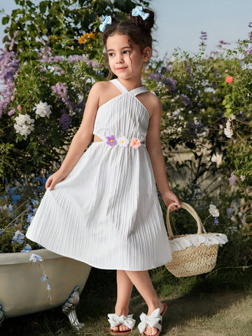 Young Girl Vacation Beach Criss-Cross Halter Striped 3D Woven Floral Crop Top Dress
