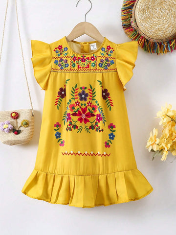 Young Girl Vacation Casual Floral Print Ruffle Hem A-Line Dress With Short Flounce Sleeves